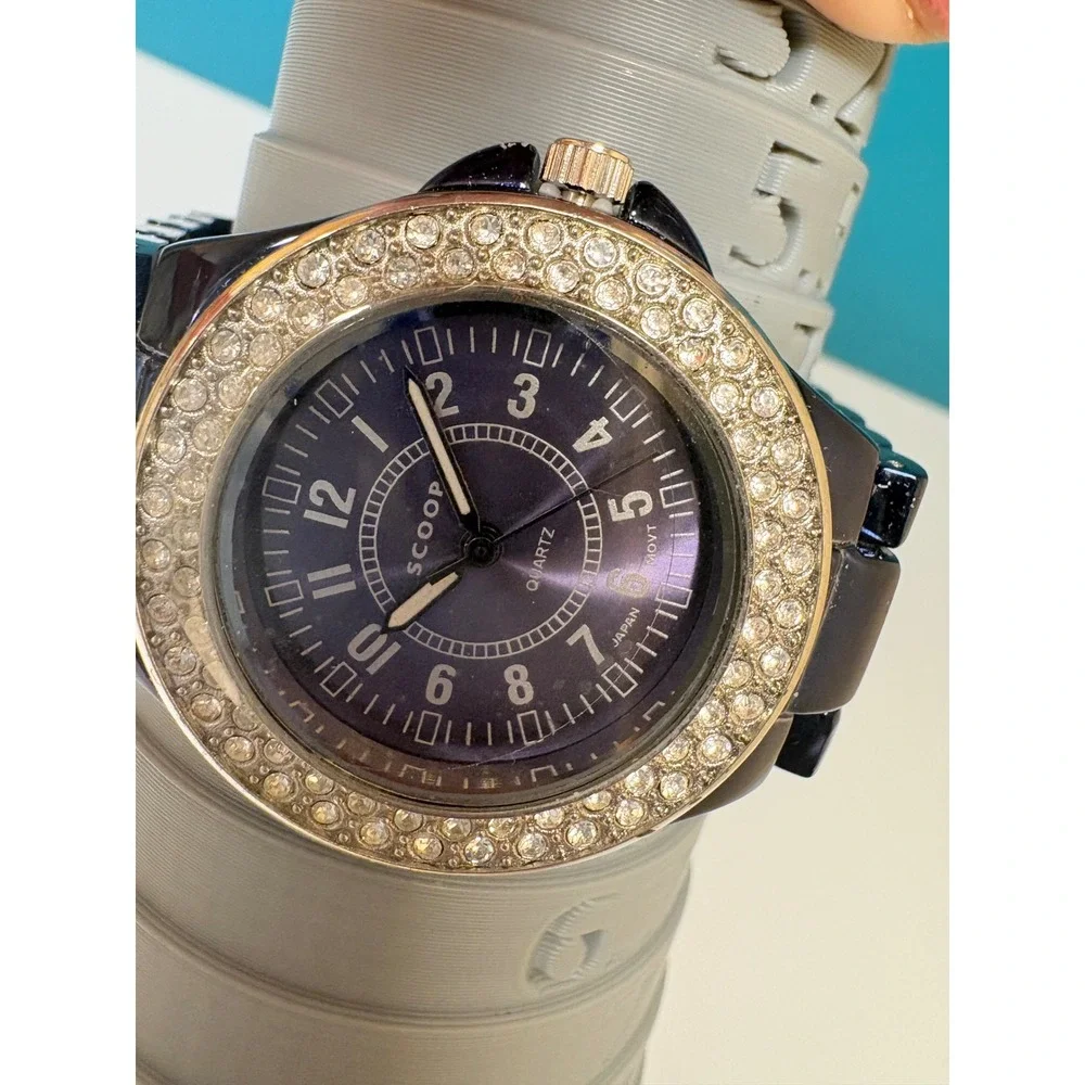 Scoop Quartz Watch Purple Dial Crystal Bezel Navy Link Bracelet Need Battery